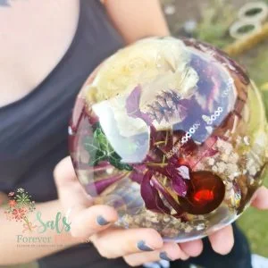 wedding bouquet preserved in 16cm resin sphere paperweight