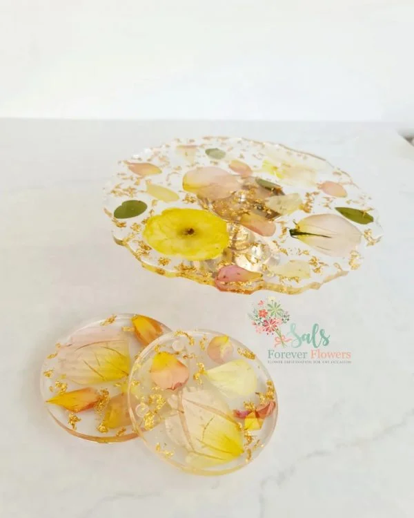 Forever Floral Resin Cake Stand with Keepsake Coasters - Image 4