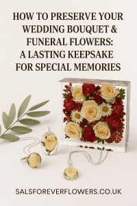 Resin flower keepsakes showcasing a preserved wedding bouquet, rose pendant, and resin ring at Sal's Forever Flowers