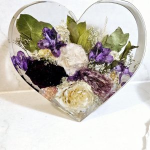 wedding flowers preserved in a large crystal clear resin standing heart ornament keepsake