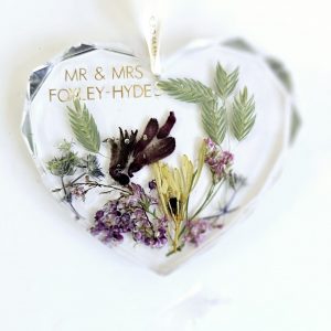 crystal clear resin wedding bouquet preservation heart with option to hang keepsake ornament