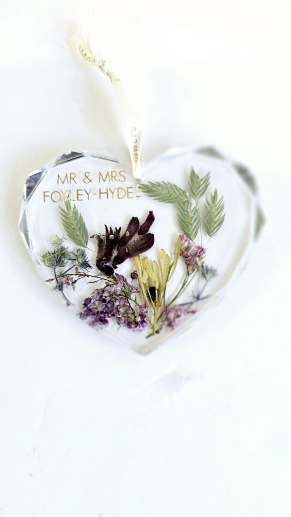crystal clear resin wedding bouquet preservation heart with option to hang keepsake ornament