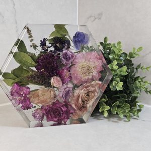 wedding bouquet preservation hexagon ornament handmade with crystal clear resin in the UK