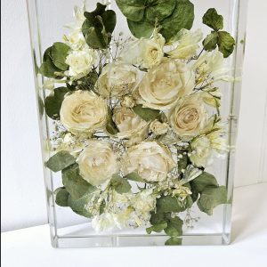 wedding bouquet preservation in a crystal clear rectangle resin block