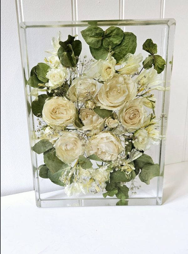 wedding bouquet preservation in a crystal clear rectangle resin block