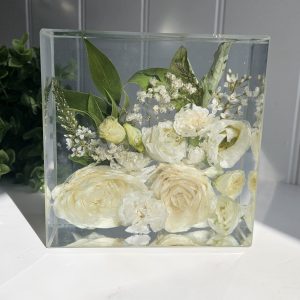 wedding flower preservation in a square resin block handmade in the UK