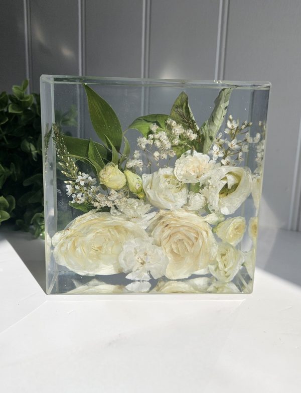 wedding flower preservation in a square resin block handmade in the UK