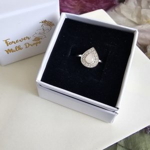 Sterling Silver Teardrop Breastmilk Ring with CZ Halo – Custom Sizes H-Z