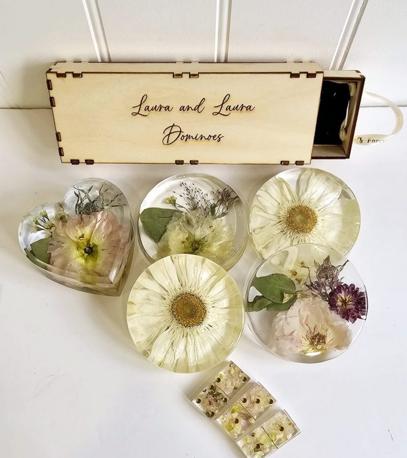 Custom resin flower preservation ornament with preserved wedding bouquet flowers